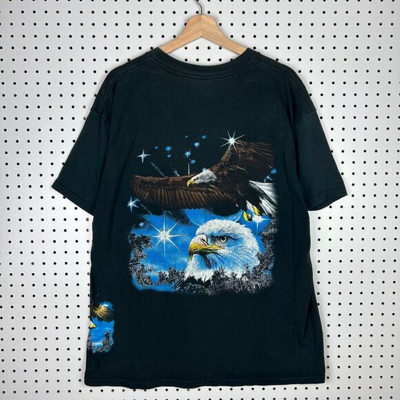 Vintage Bald Eagle Nature T Shirt Size XL Black 90s Lighting Galaxy Wrap Around - Picture 3 of 5